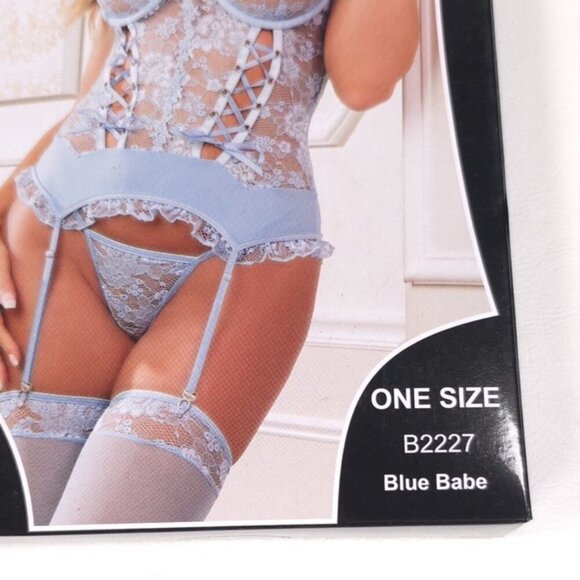 G World Intimates 3pc Lace up Garter Corset Thong & Stockings Blue Babe B2227‎ - Picture 6 of 7